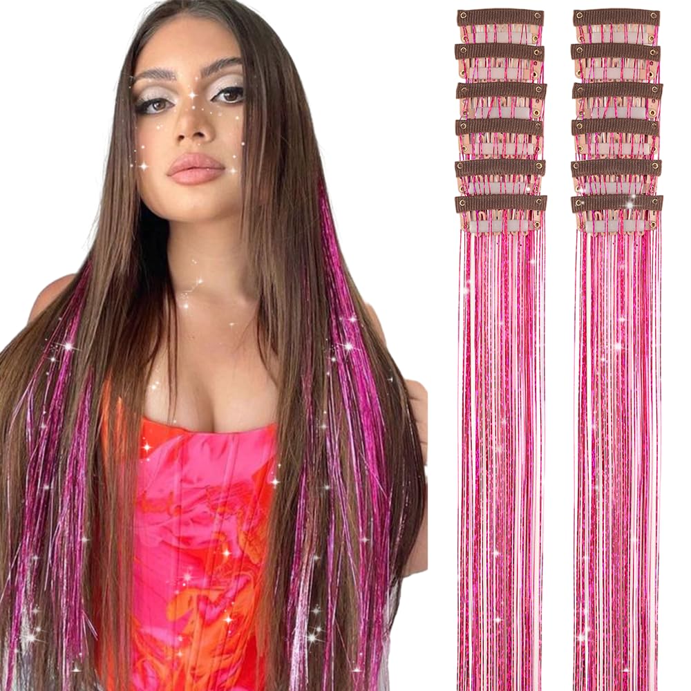 Clip In Hair Tinsel Extensions - 20 Inch Glitter Strands for Festivals | 12 Pcs Black Dazzle Kit for Women & Girls