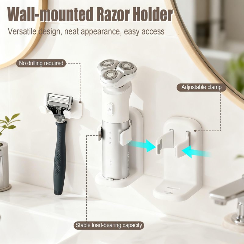 mioluo 2pcs Razor Holder for Shower, Self-Adhesive Shower Razors Holder Removable No Drilling Holes Blade Razor Holder Hook for Shower,White