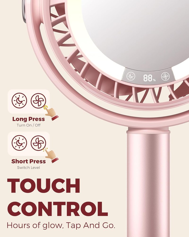 3-in-1 Makeup Fan - Cordless LED Light & Mirror for Skincare | Quiet Rechargeable Beauty Tool in Pink