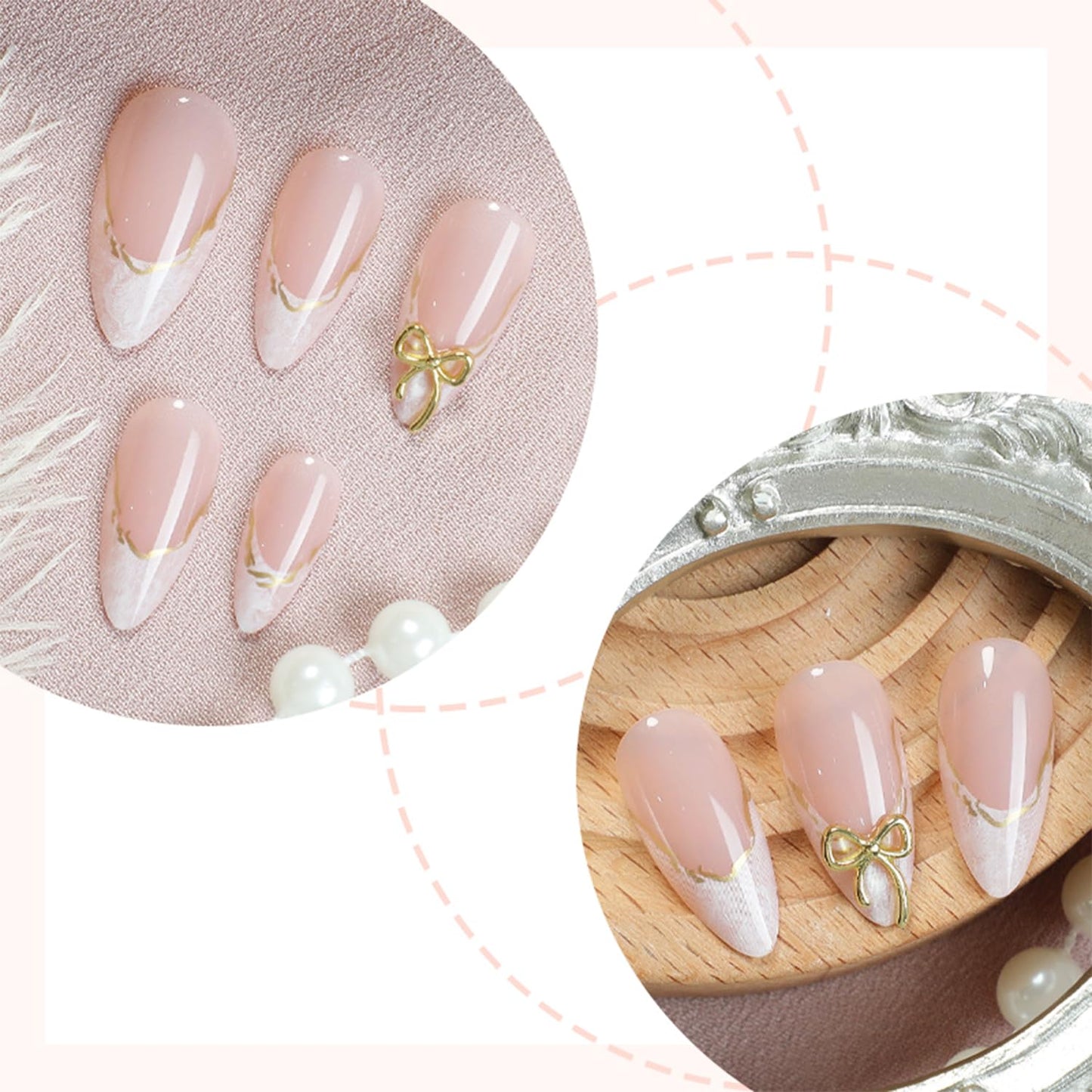 French Tip Press-On Nails - 24pcs Medium Almond Acrylic Design with 3D Bow & Gold Line | Full Cover Nail Kit for Women