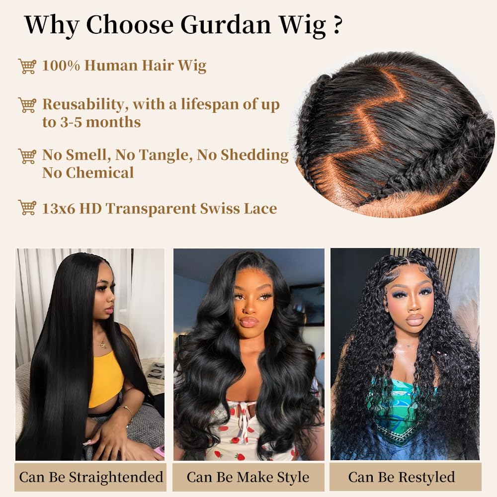 32 Inch Real Human Hair Wigs 200 Density 13x6 Body Wave Lace Front Wigs Human Hair Pre Plucked HD Transparent Lace Frontal Wigs Natural Black Glueless Wig