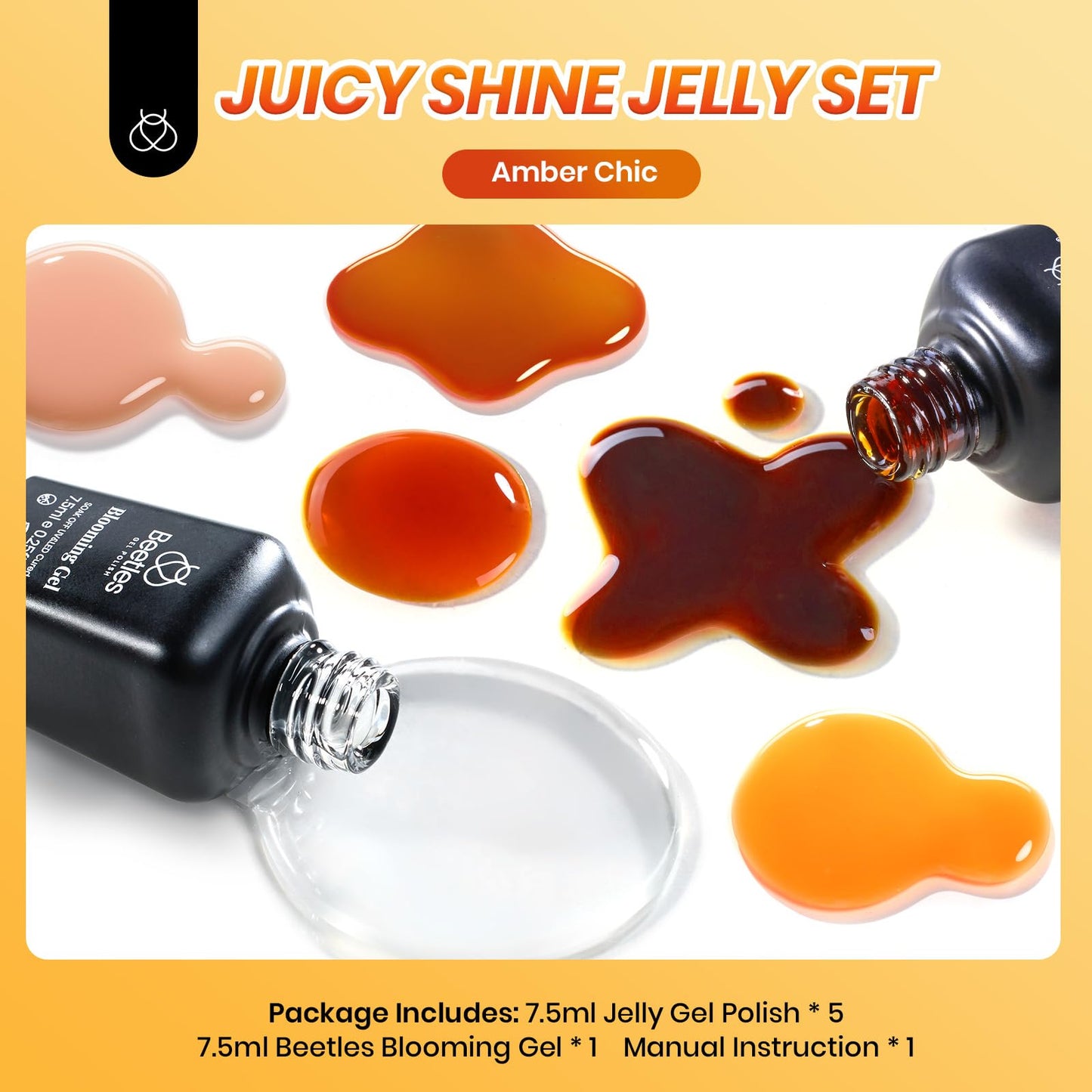 Beetles Gel Nail Polish Set – Amber Chic Jelly Gel Polish with Blooming Gel for Marble Effects, 6 Colors Yellow Red Brown Gray Translucent Soak Off UV LED Nail Art