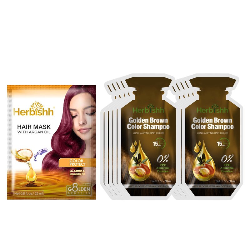 Herbishh Hair Coloring Shampoo with Argan Mask (10 Sachets + 1 Pouch) | 3-in-1 Dye, PPD-Free, Easy Application, Gray Coverage, Travel Pack | 6 Shades (Golden Brown)