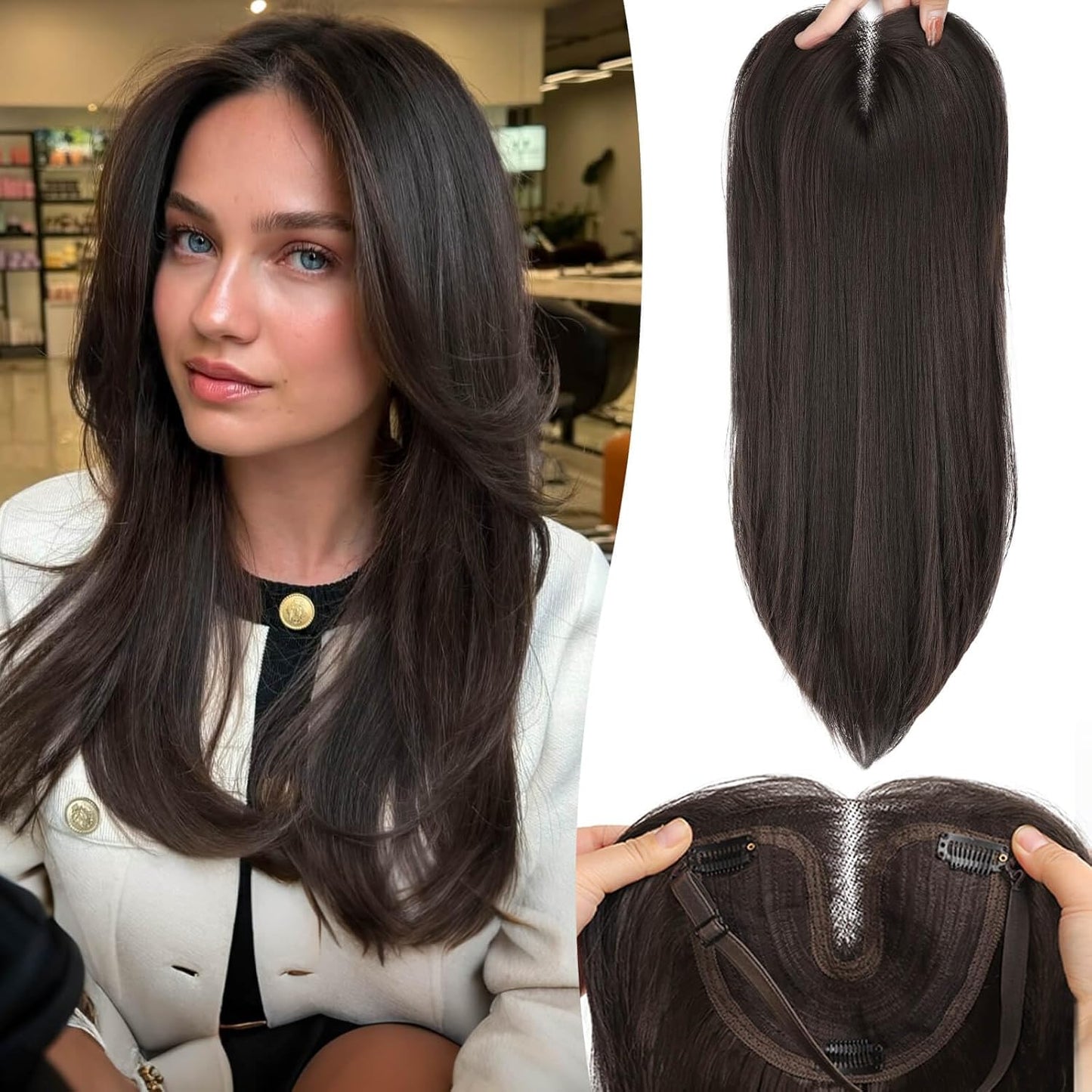 Ash Blonde Synthetic Hair Toppers with Platinum Highlights - 18" Long, 5x6" Base for Thinning Hair, Clip-In Wispy Bangs