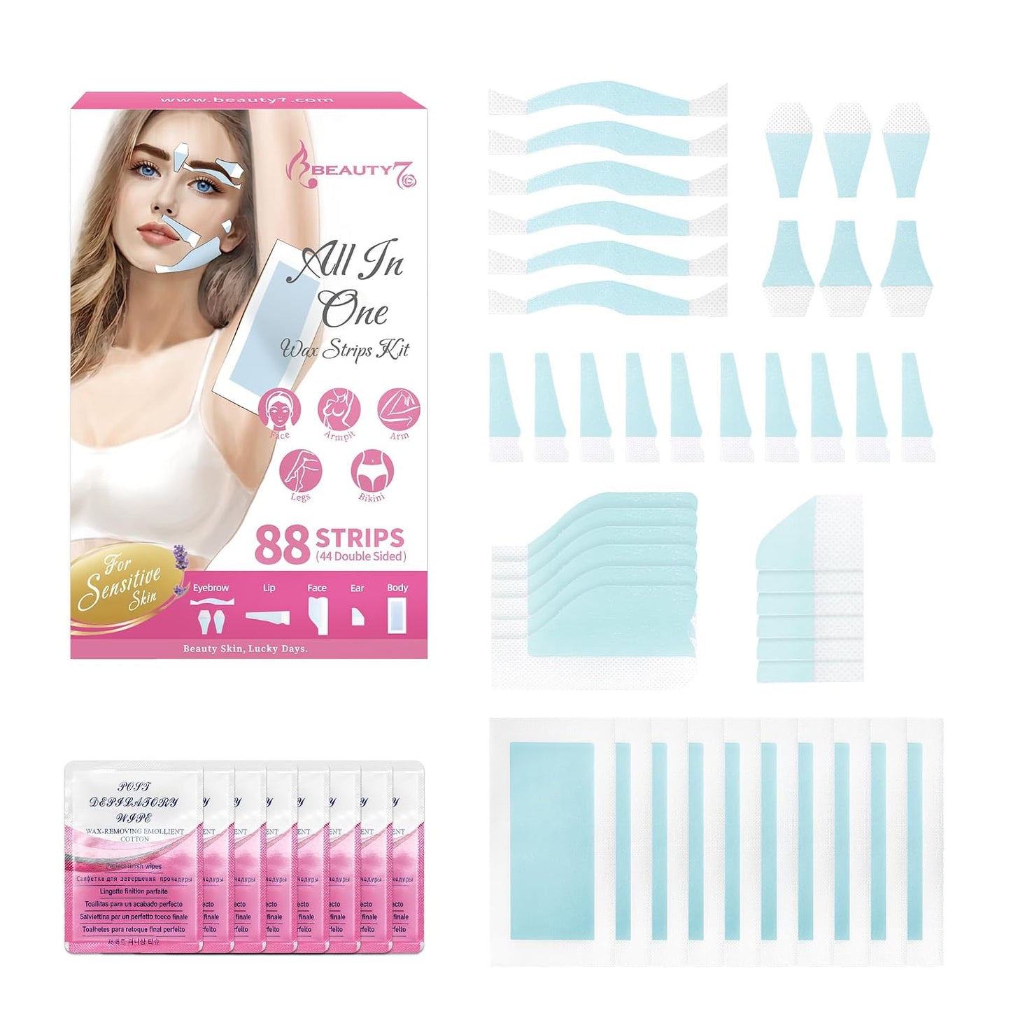 Eyebrow Wax Strips - 88pcs All-in-One Body Wax Strips for Hair Removal | Includes 8 Calming Oil Wipes, Suitable for All Skin Types