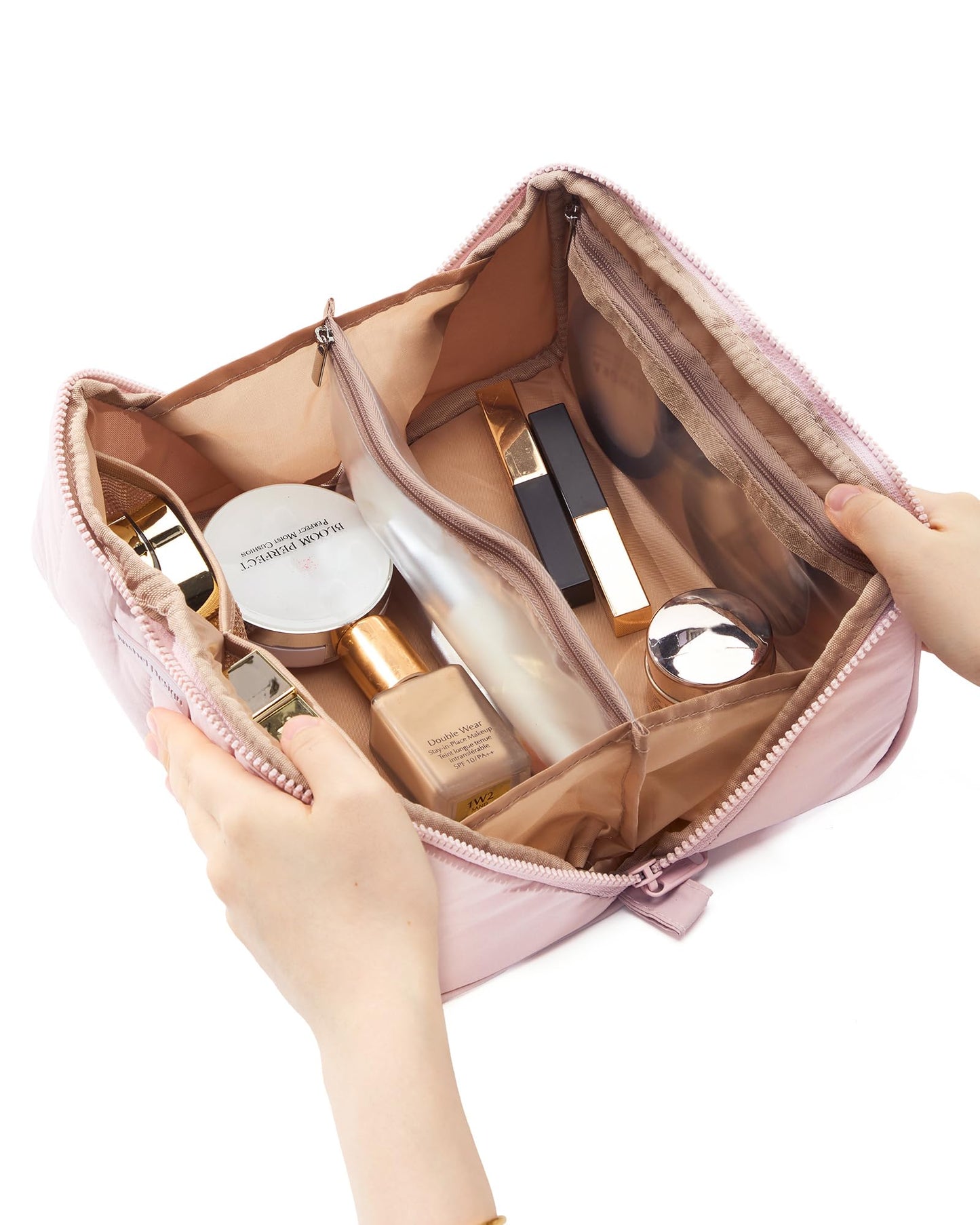 NISHEL Travel Makeup Bag for Women, Fluffy & Lightweight Open Flat Cosmetic Organizer with Multiple Functional Divider for Brush Independent Storage, Handle for Easy Portability, Pink