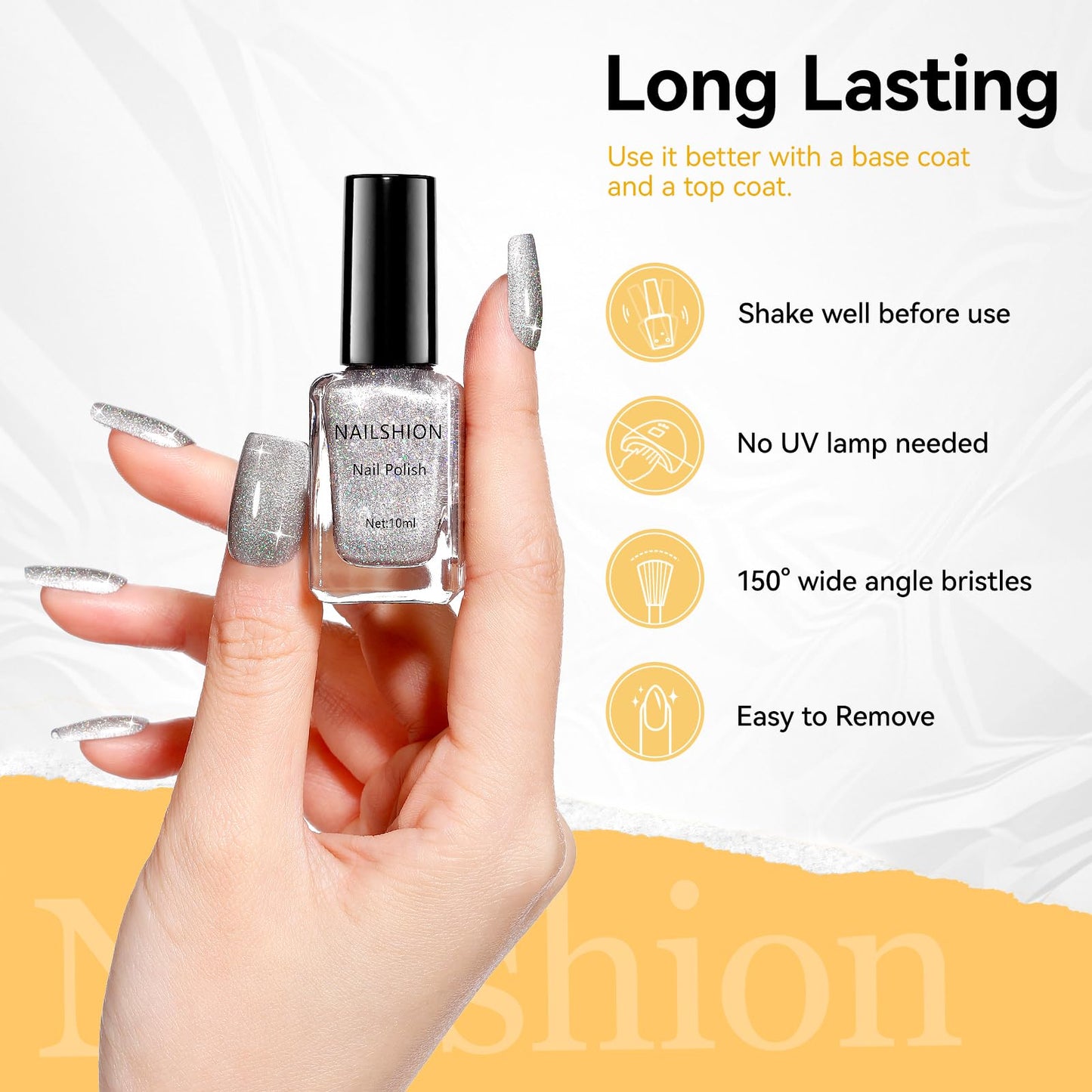 Nailshion Silver Sparkle Nail Polish Castor Oil-Based Glitter Rainbow Sparkly Regular Nail Polish, Fast Air Dry Steak-free Nail Lacquer Vegan Toe Fingernail Polish Nails Art DIY Home