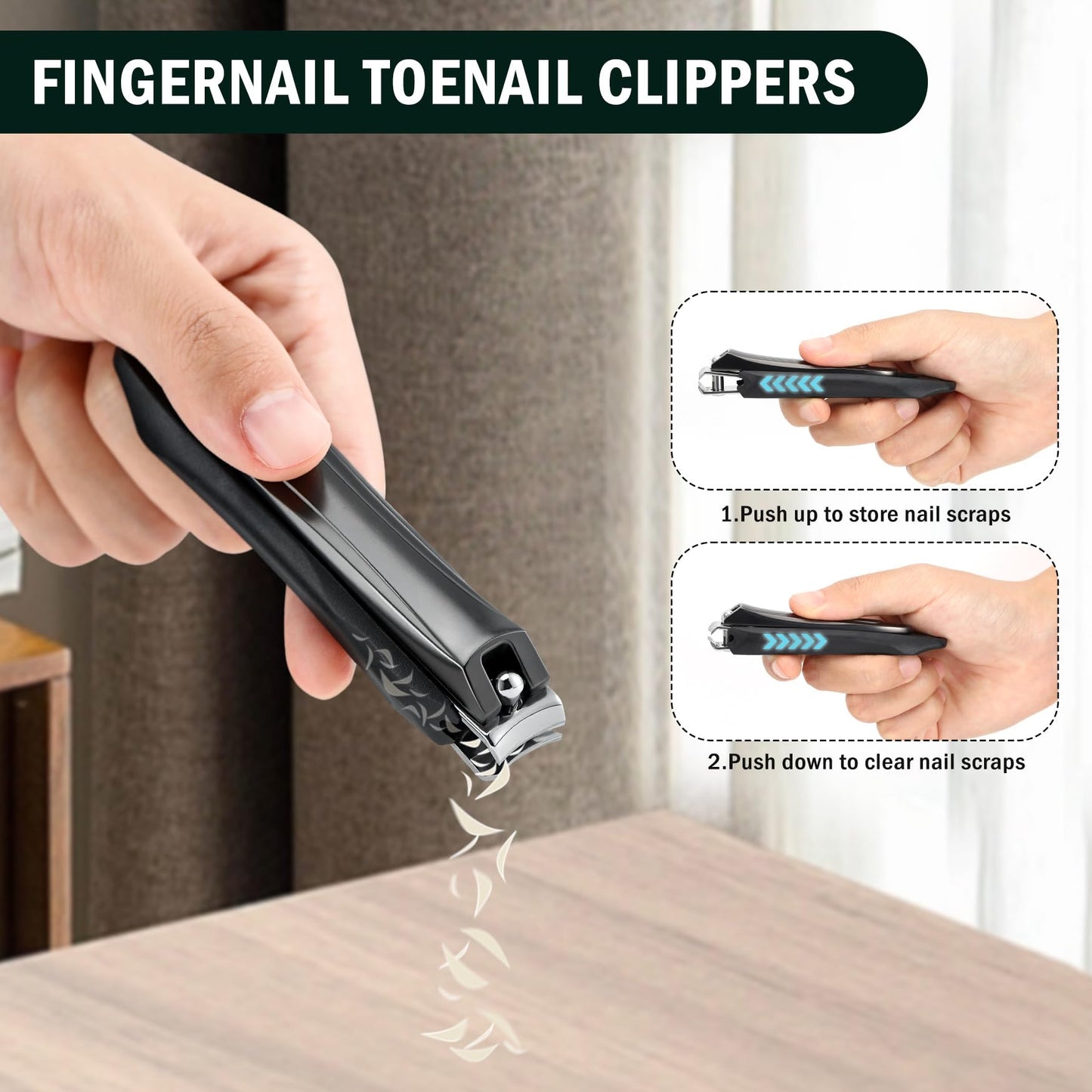FVION Large Nail Clippers with Catcher, 2 PCS Anti-Splash Fingernail & Toenail Clippers, Stainless Steel Self-Collecting Nail Cutters for Effortless Nail Care - Metal Case Packing