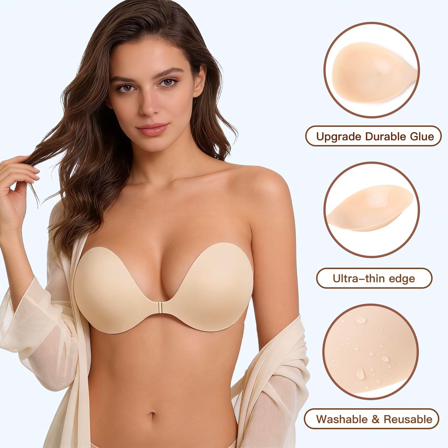 MITALOO Sticky Bra Slicone Adhesive Bra Seamless Push Up Invisible Strapless Backless Covers for Women Light Beige