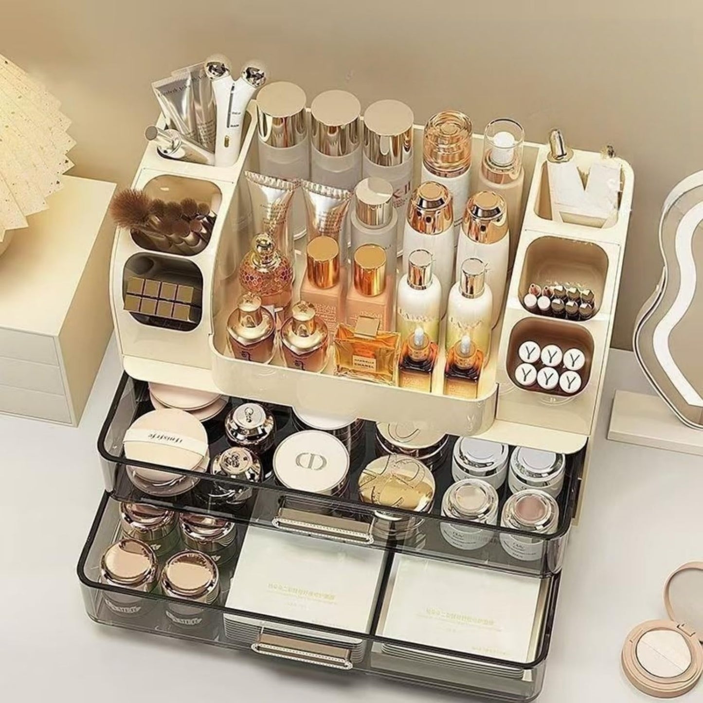Makeup Organizer - 2 Drawer Cosmetic Display Case for Vanity & Bathroom | Cream Color Storage Holder