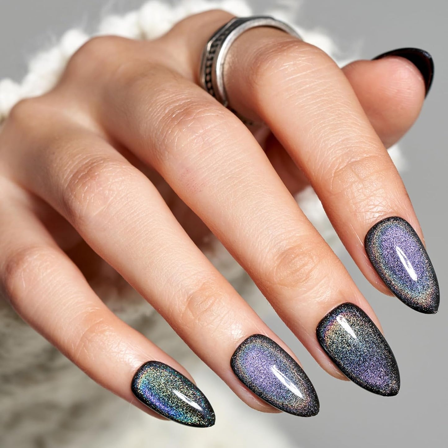 Dark Purple Magnet Cat Eyes Press-On Nails - Short Almond Shape | Handmade Jelly Gel Kit with Ombre Glitter