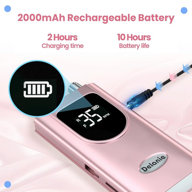 Professional Nail Drill - High Torque 35000 RPM Rechargeable Electric Nail File | Portable Acrylic Gel Tool in Rose Gold