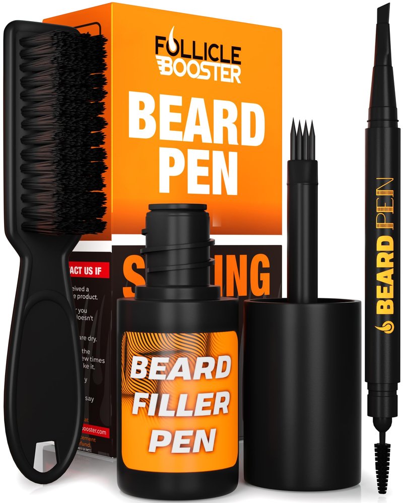 FOLLICLE BOOSTER Beard Pen Filler Styling Kit for Men - 3-in-1 Filling Set with 4-Tip Fork, Normal Pencil, and Brush - Waterproof, Sweatproof & All-Day Hold - Light Brown