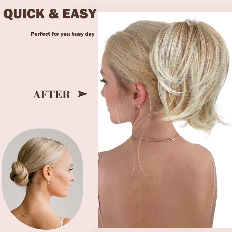 Messy Bun Hair Piece - Claw Clip Short Straight Ponytail Extension | Bendable Synthetic Hair - Deep Blonde with Highlights, 8 Inch