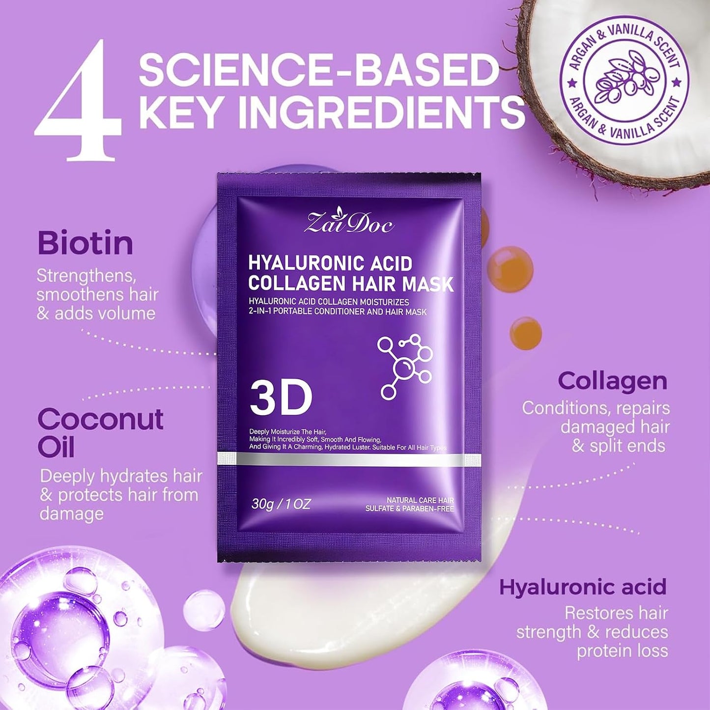 Portable Hair Conditioner Mask - 2-in-1 Hyaluronic Acid & Collagen | Deep Moisturizing Treatment for Dry, Damaged Hair - Travel Size 1oz
