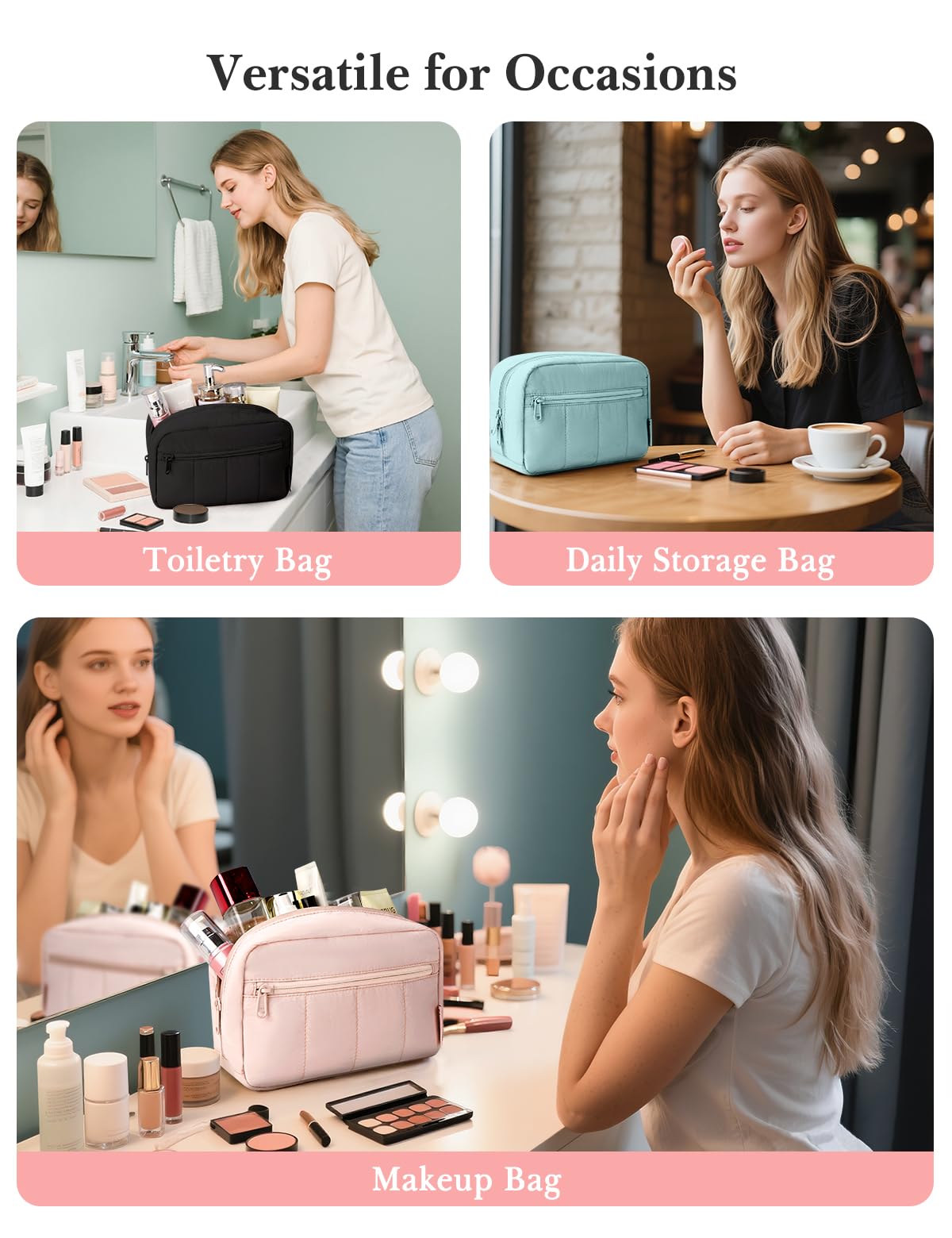 Noozion Makeup Bag Travel Toiletry Bag, Puffy Padded Cosmetic Bag for Women, Makeup Organizer Case, Wide-open Pouch Purse, Travel Essentials