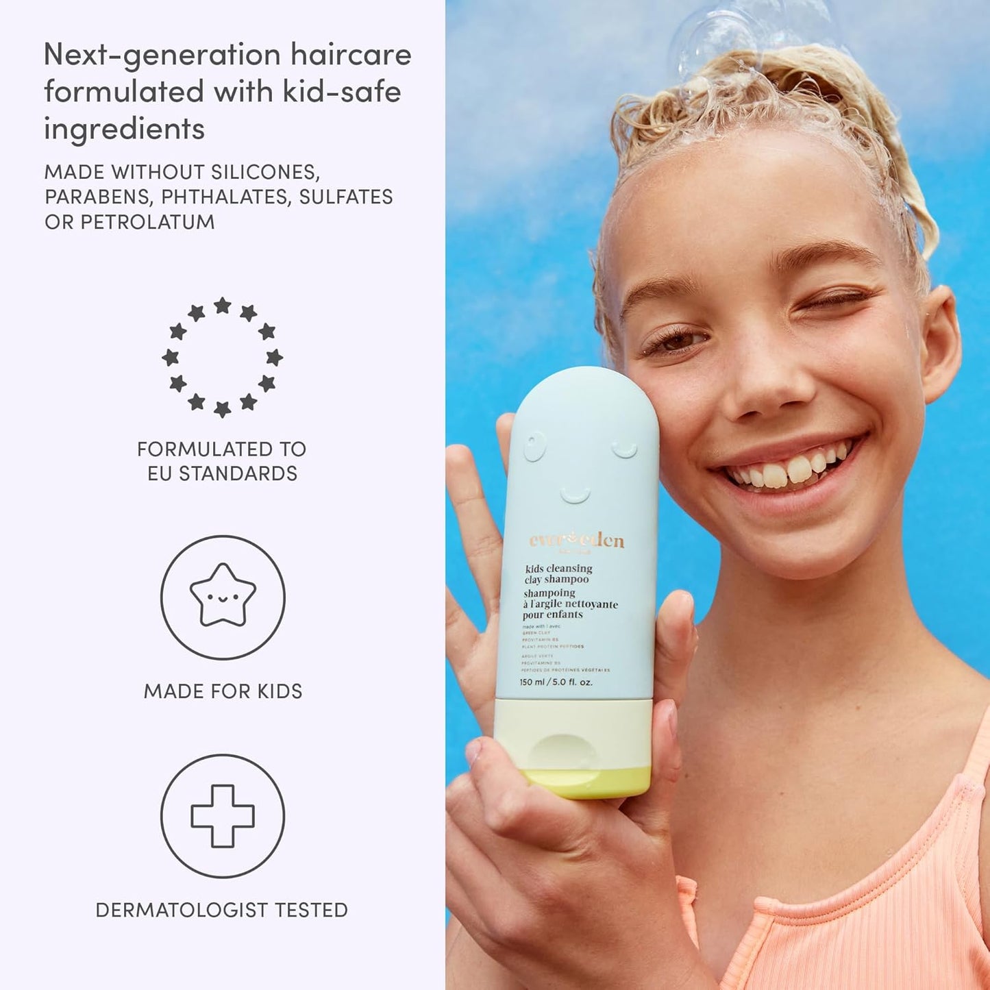 Kids After-Swim & Sports Shampoo - Cleansing Clay Detoxifies Hair & Scalp | Vegan, Dermatologist-Tested, All Hair Types, Ages 3+