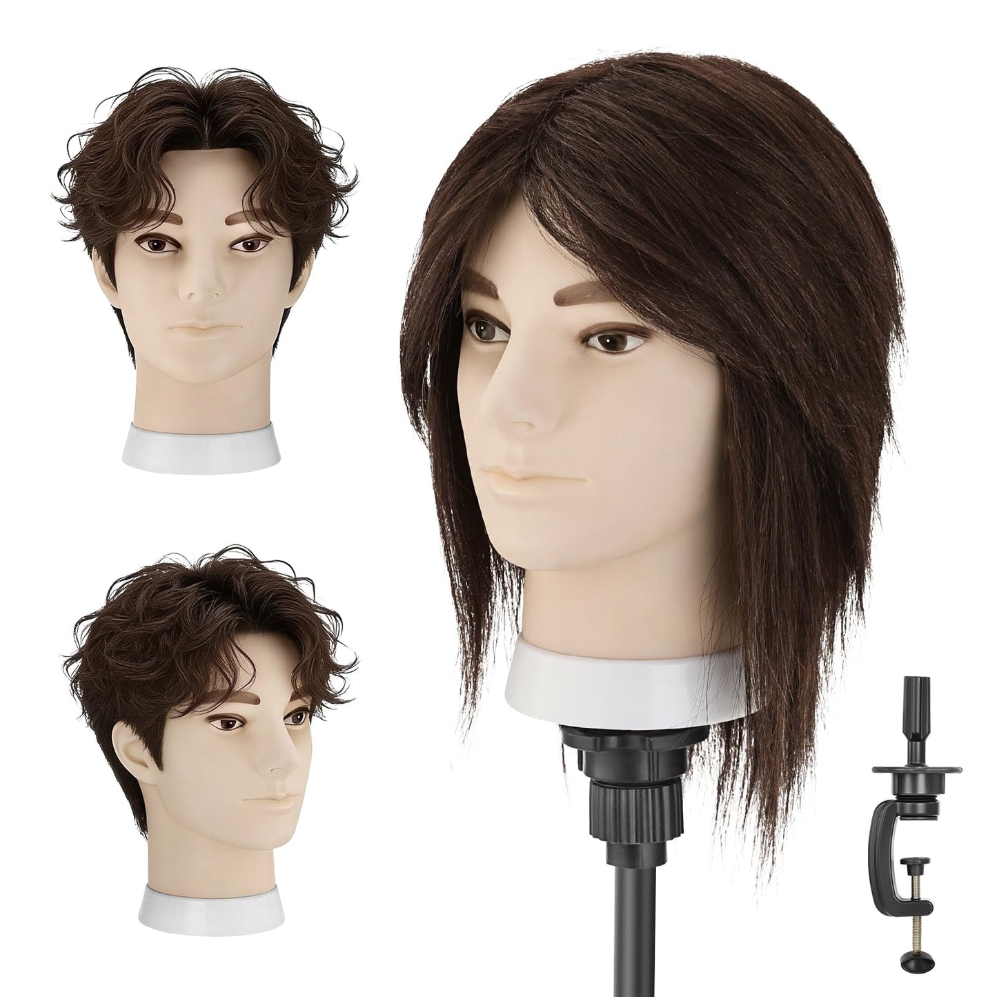 Barber Mannequin Head, 100% Real Brown Human Hair Male Head with Table Clamp, 8" Professional Hairdresser Training Doll Manikin Head for Practicing Hair Cutting and Styling