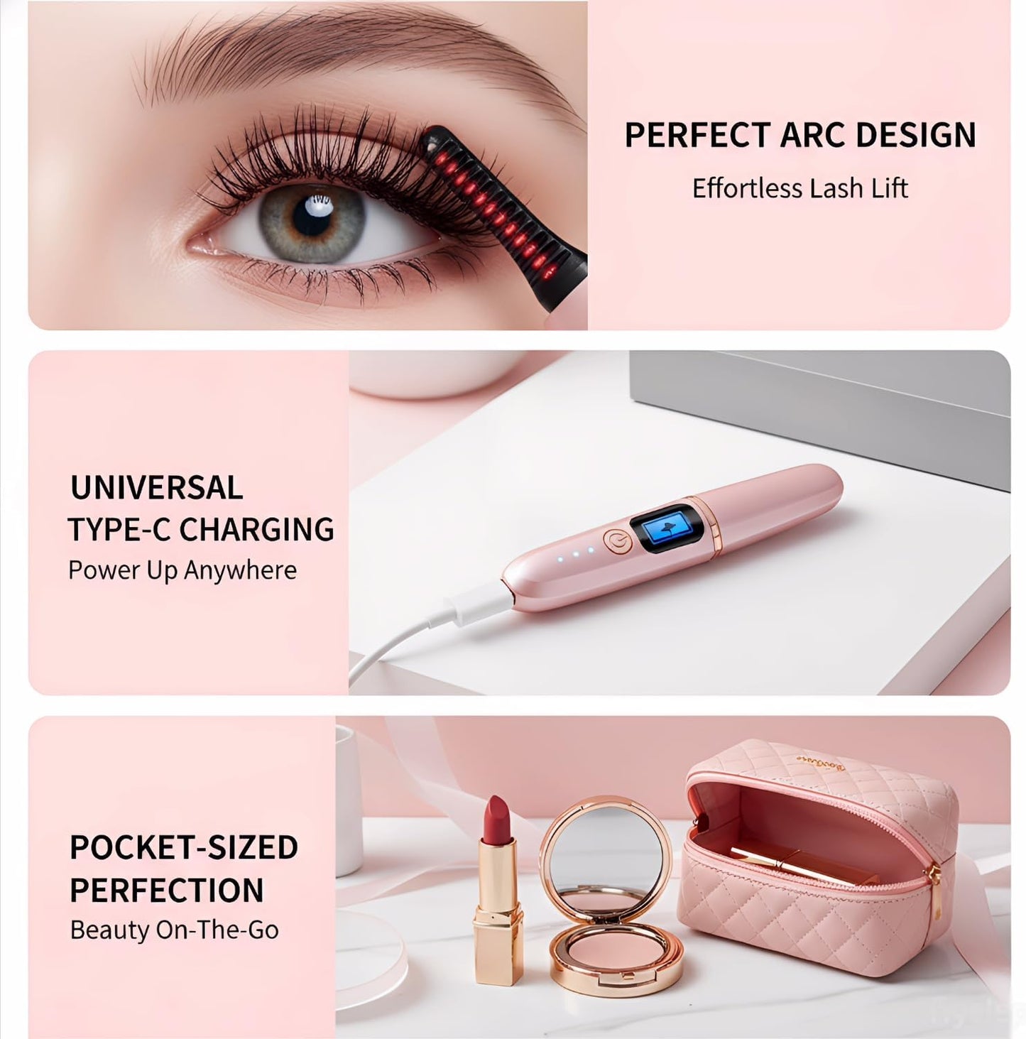 Electric Heated Eyelash Curler - 3 Temperature Modes & LED Display | Type-C Rechargeable, Pink