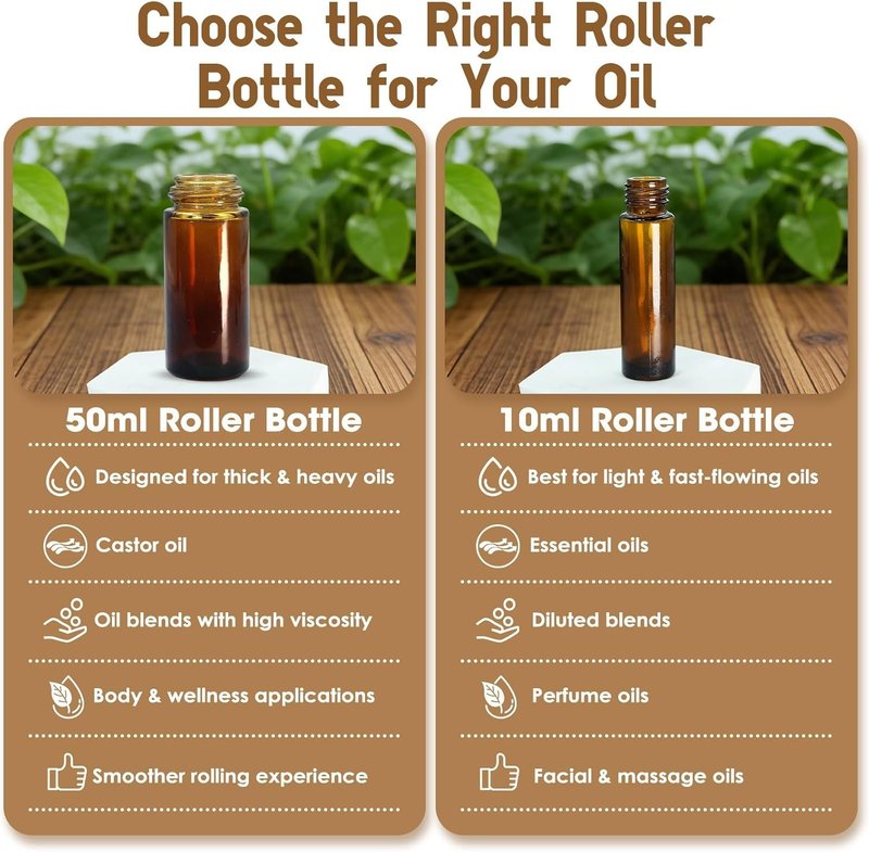Rose Quartz & Amethyst Roller Bottles | 50ml Refillable Amber Glass with Natural Crystal Rollers - Leak-Proof Travel Perfume