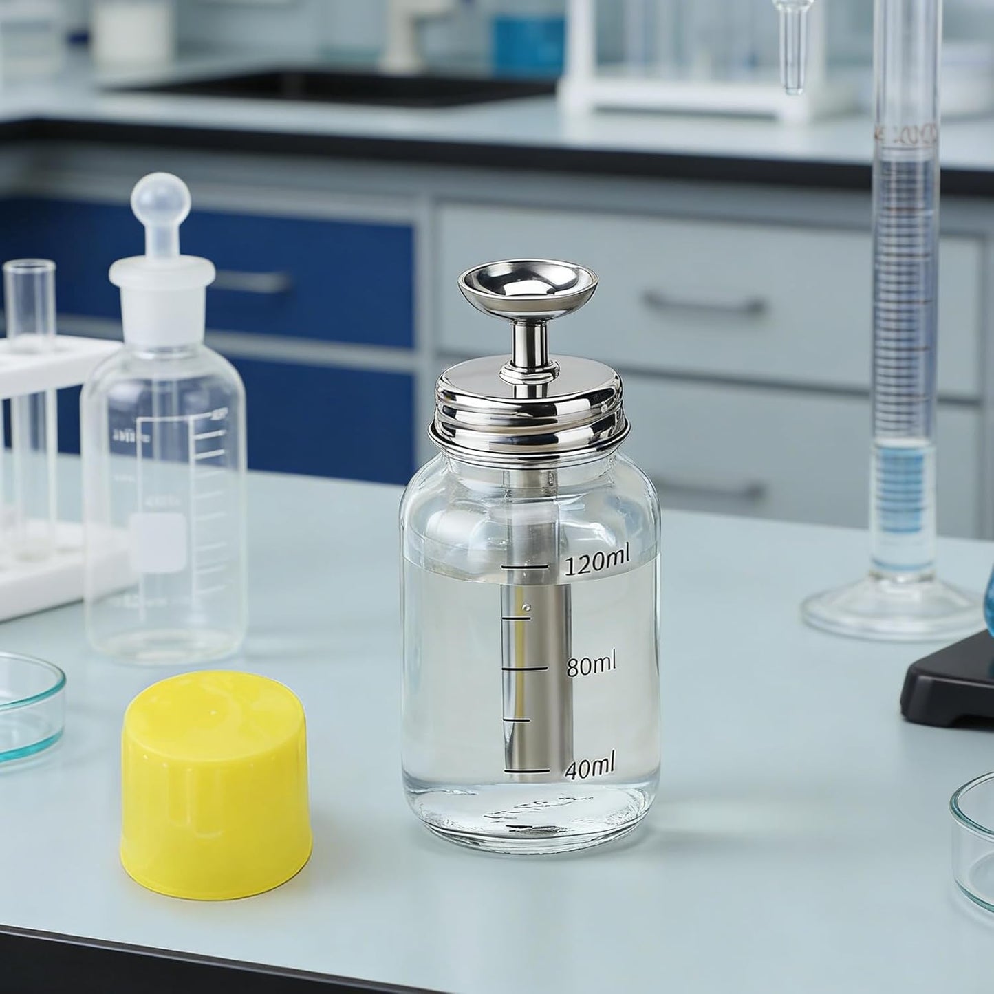 Clear Pump Dispenser Bottle - 4oz Refillable Glass Container for Acetone & Alcohol | Lab Dropping Bottle with Copper Core