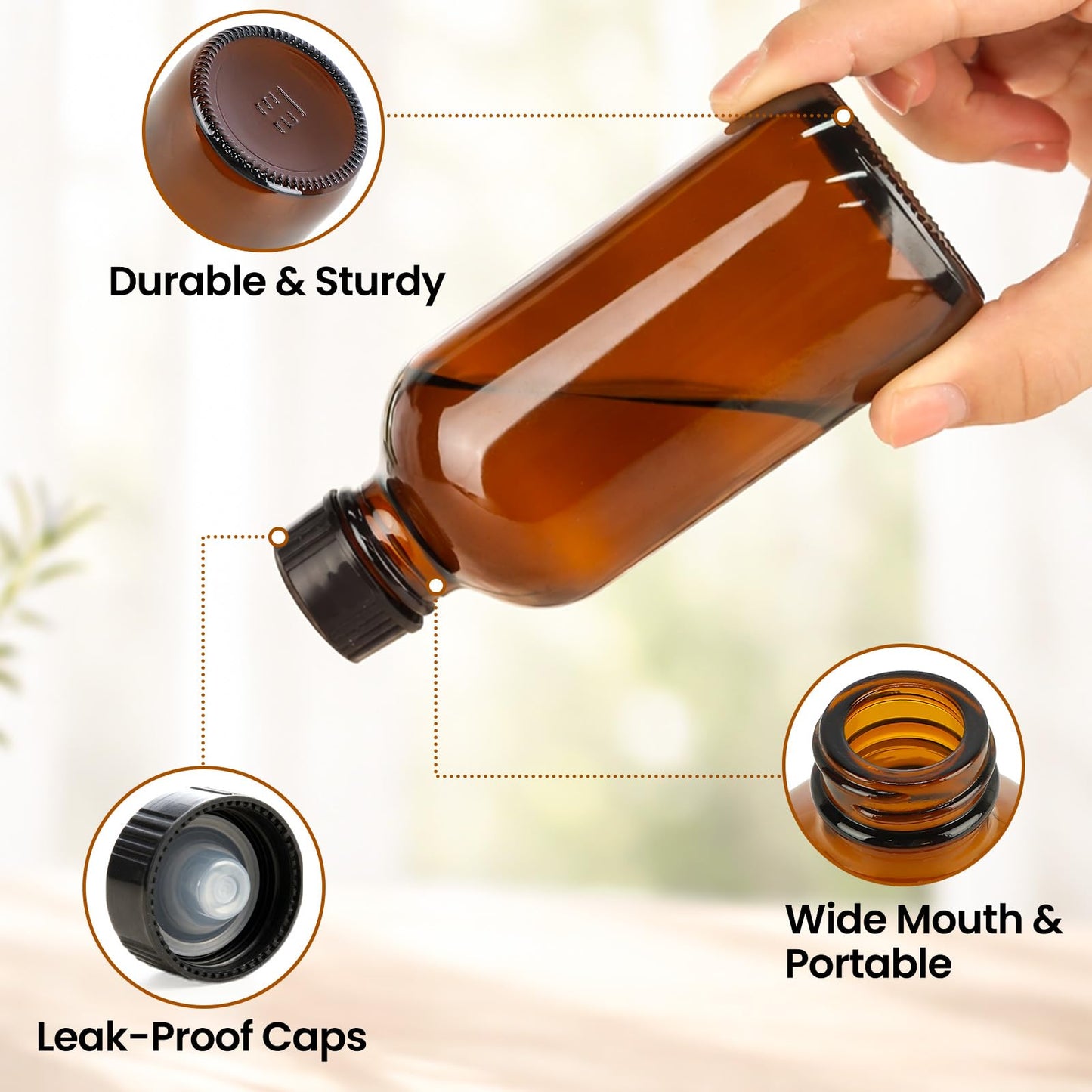 TBWIND 54 Pack 4oz Amber Glass Boston Round Bottles with Airtight Polycone Caps, Refillable Glass Bottles for Vanilla Extract, Homemade Liquids, Syrups, Oils & DIY Craft Brewing