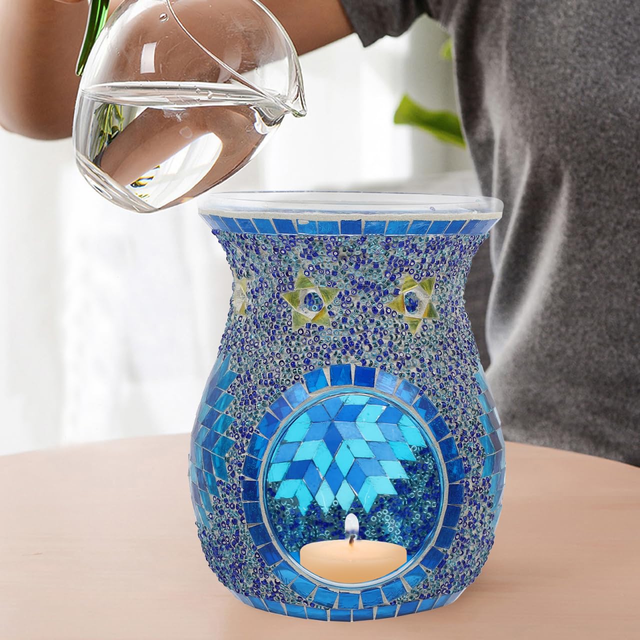 Uonlytech Mosaic Glass Oil Burner Bohemian Fragrance Oil Burner Tealights Wax Melt Stove Holder for Gifts Home Decoration Without Candle 10. 514. 2cm Blue