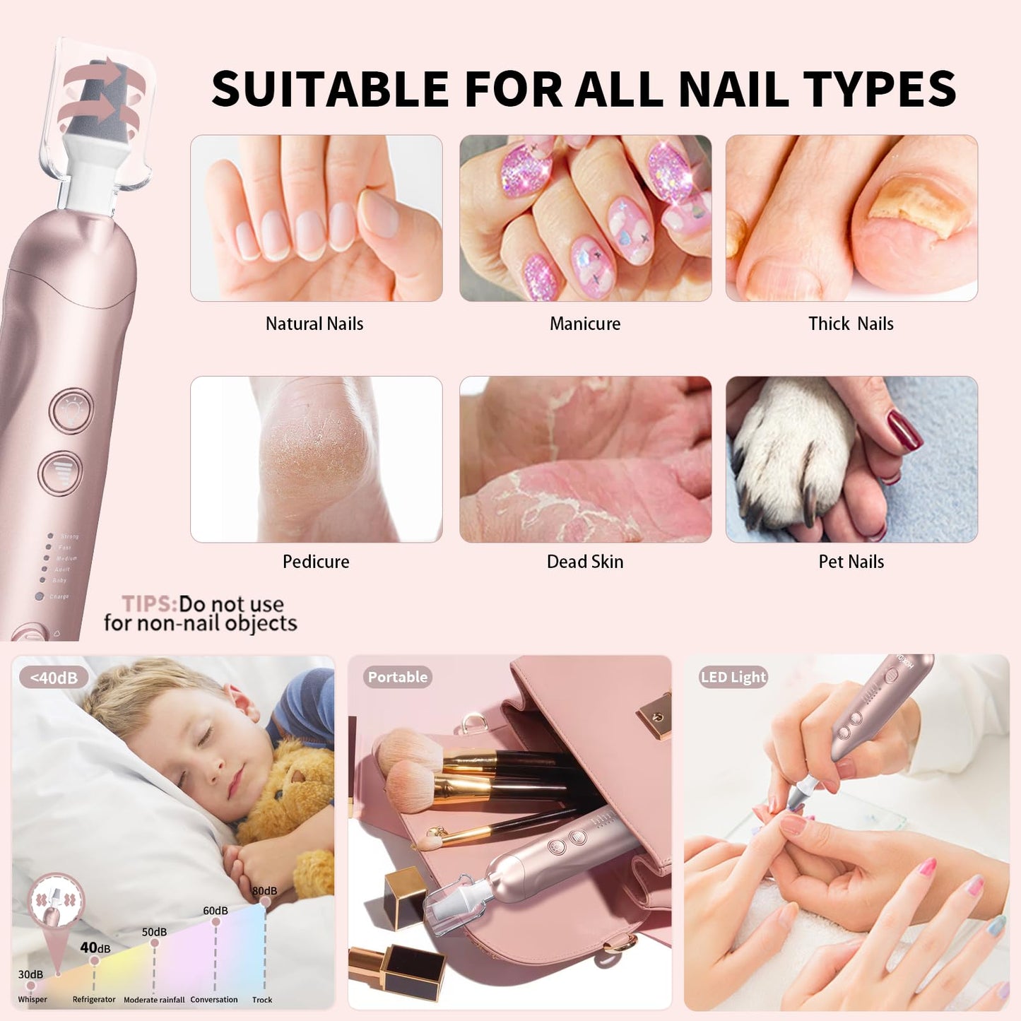 Hoxida Manicure Pedicure Kit, Professional Nail Grinder for Senior Thick Toenail, Cordless Electric Nail File, 5 Speeds Pedicure Tools for feet Callus Remover, Nail Drill for Women Hand Feet Care