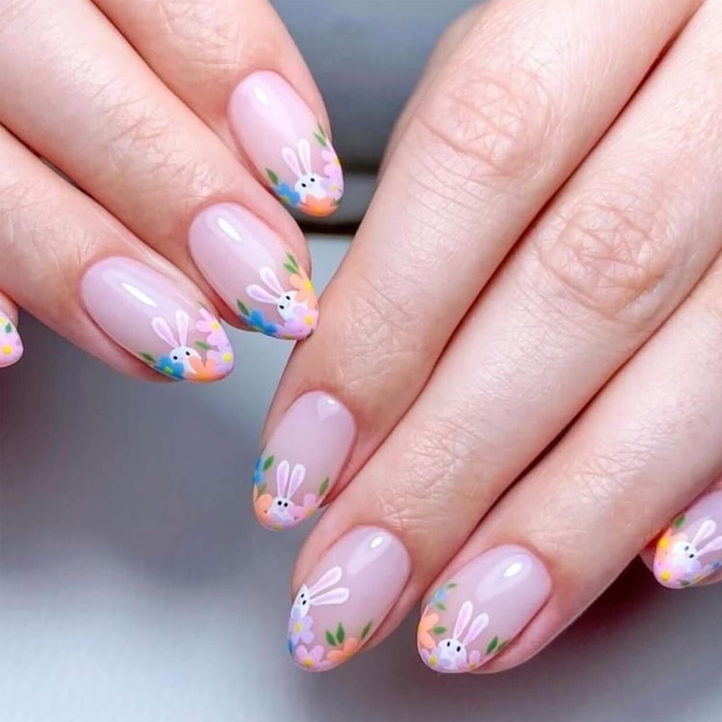 Colorful Gradient Press-On Nails - Medium Almond Summer Sunset | Reusable Glossy Full Cover 24 Pcs with Adhesive Stickers