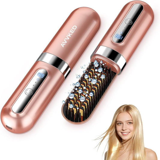 Cordless Ionic Hair Straightener Brush - Anti-Frizz Mini Styling Tool | 3 Temp Settings, Type-C Charging