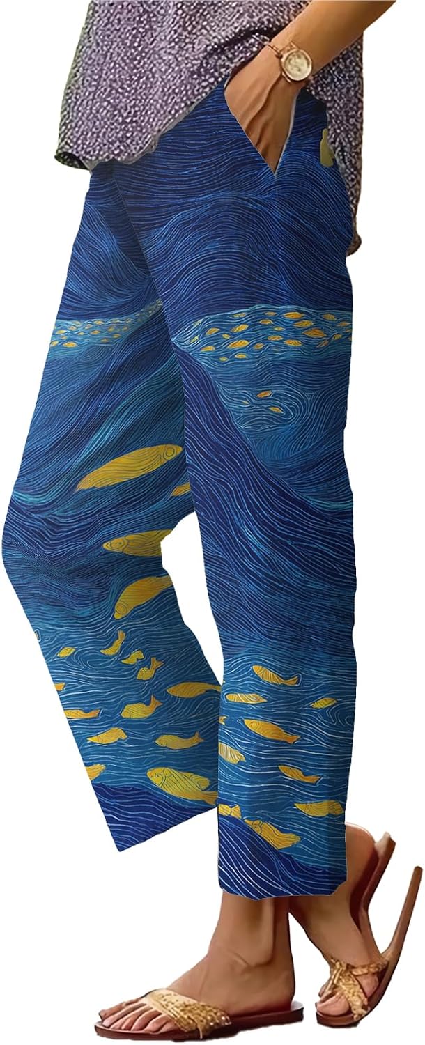 Womens Plus Size Floral Boho Capris - Elastic Waist Beach Trousers | Casual Summer Pants