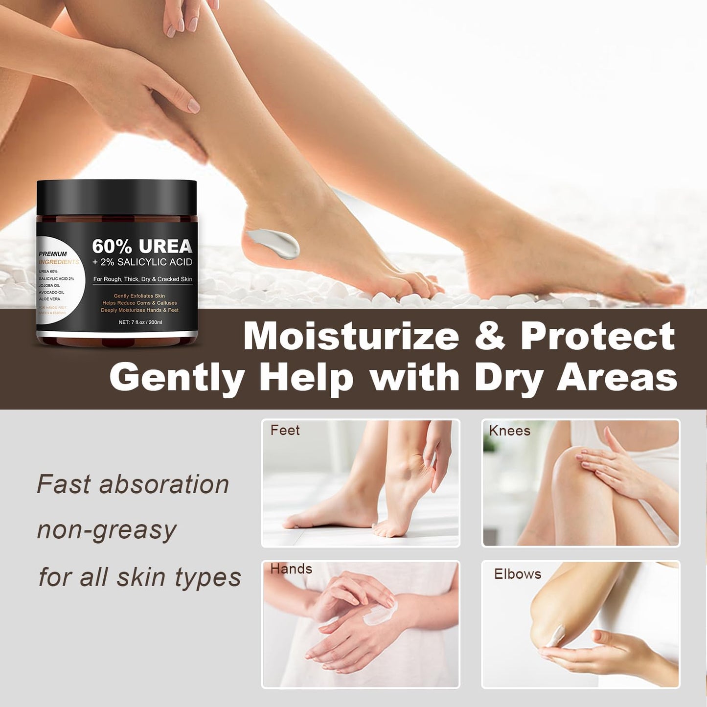 60% Urea Foot & Hand Cream, Feet Moisturizer for Dry Cracked Heels, 7 oz