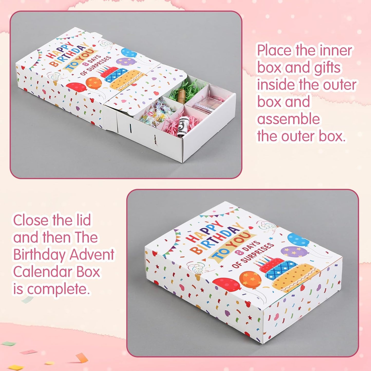 Birthday Advent Calendar Gift Box - 8 Days Countdown Containers | Fill It Yourself with Raffia Grass for Party Favors (Macaron)