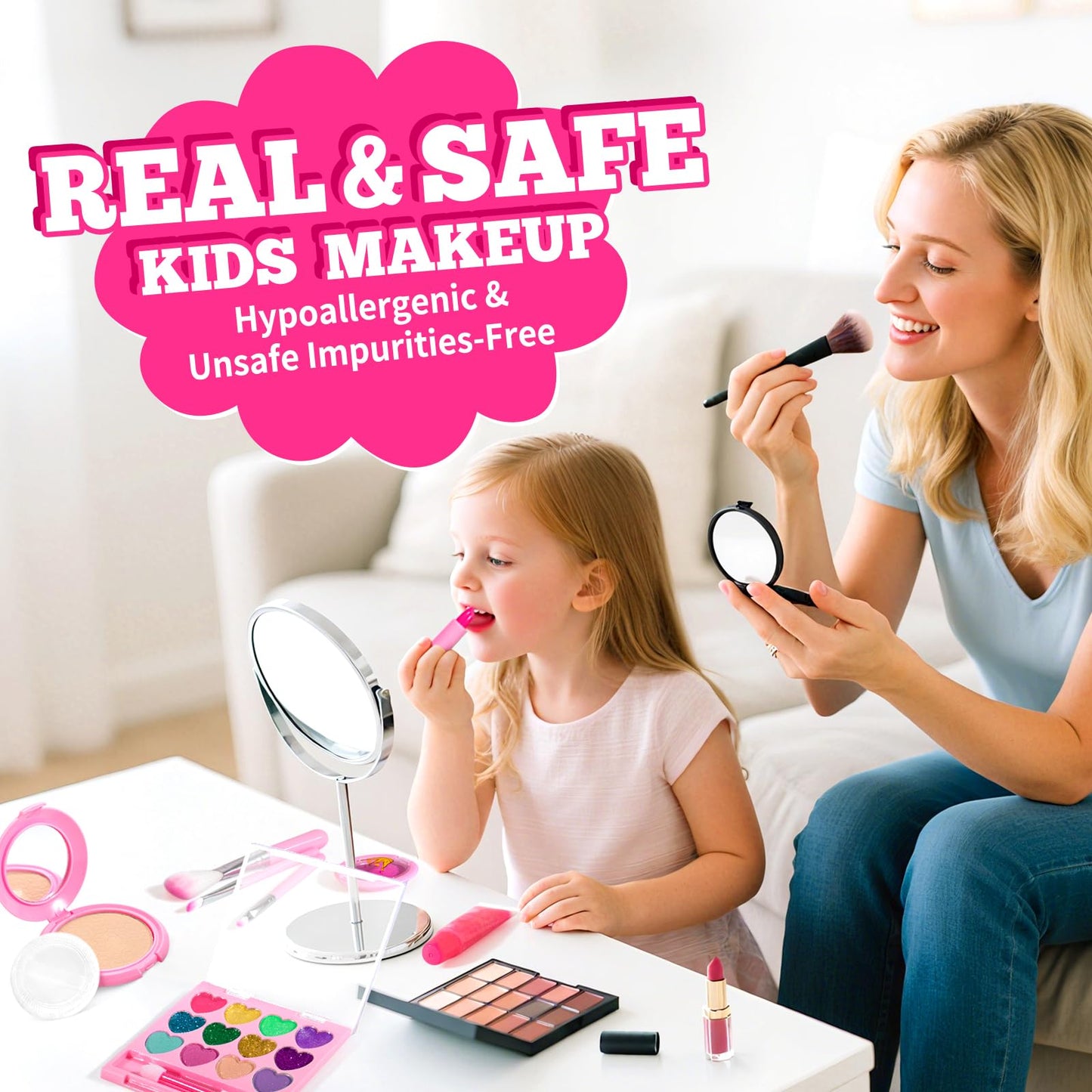 ULOVEME Talc-Free Real Kids Makeup, Mica-Based Washable Makeup Kit for Girls with Fluffy Unicorn Purse - Hypoallergenic Makeup for Sensitive Skin Kids - Gift for 5 -8 Years Old Girls Birthday