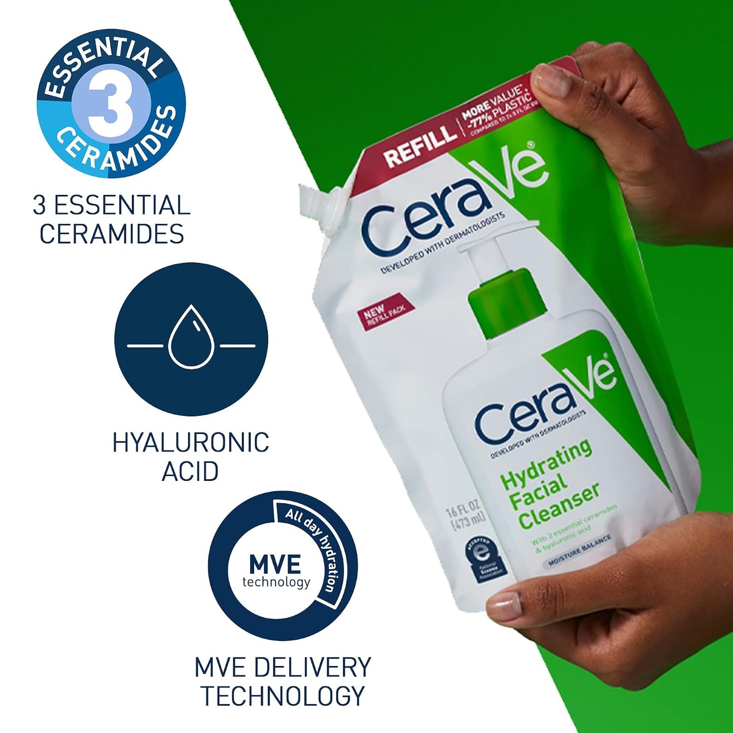 CeraVe Hydrating Facial Cleanser - Moisturizing Face Wash with Hyaluronic Acid & Ceramides | 16 Oz Refill for Dry Skin