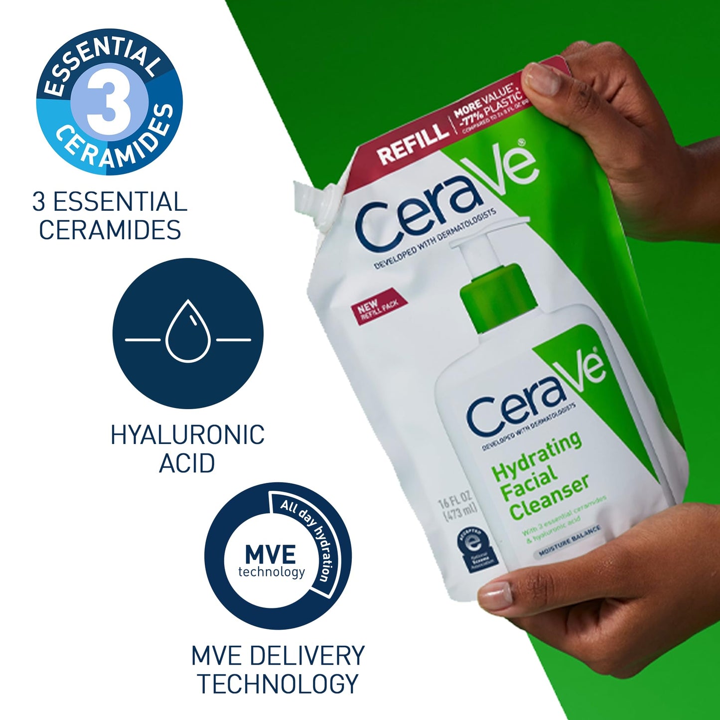 CeraVe Hydrating Facial Cleanser, Moisturizing Face Wash For Dry Skin, Hyaluronic Acid + Ceramides + Glycerin, Hydrating Cleanser For Normal To Dry Skin, 16 Ounce Refill