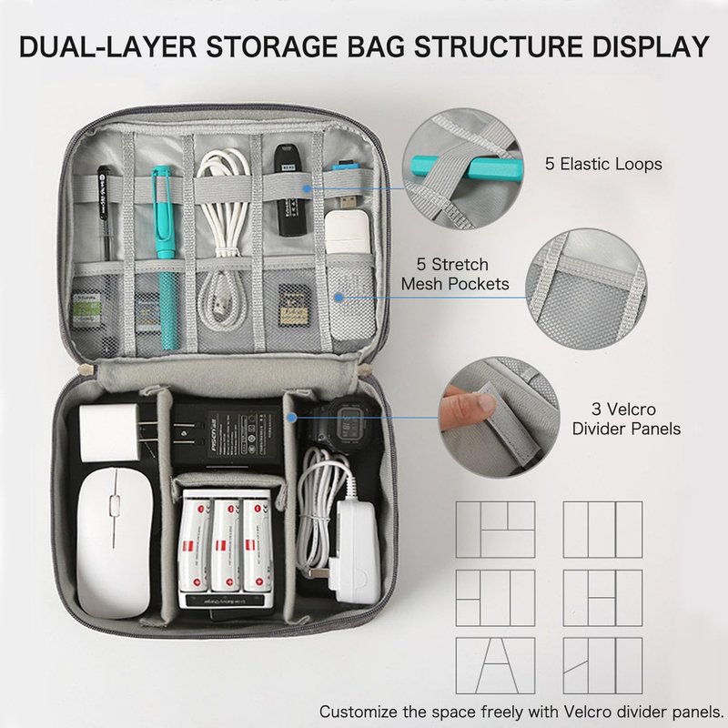 NWYRJO Organizer Case Small Electronic Devices USB Charger Accessories Case Portable Waterproof All-in-One Storage Bag for Cord, Charger, Flash Drive, Phone, Earphone (Black)