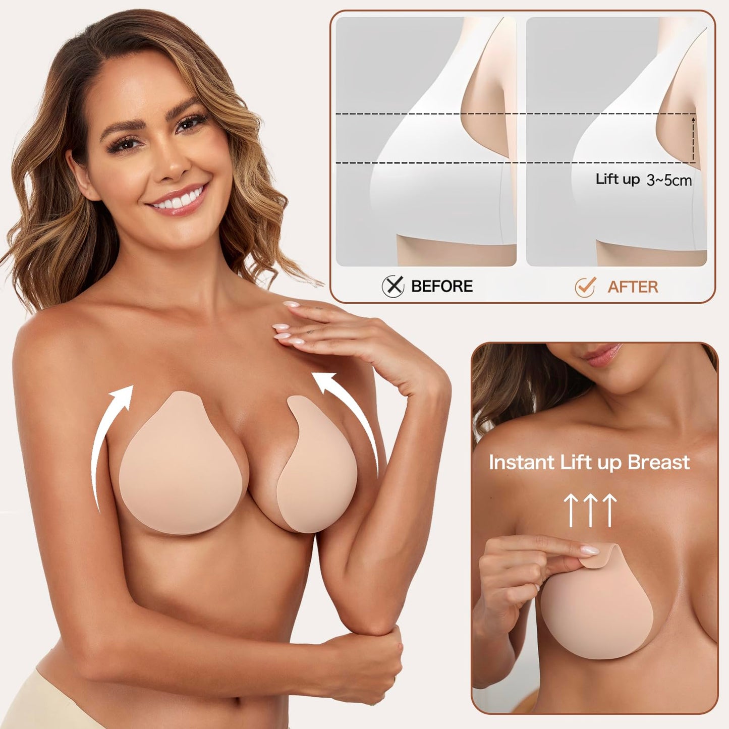 Bontierie Nipple Covers Sticky Push up Bra Added Lift Seamless Ultra-Thin Pasties Adhesive Bras Women Beige