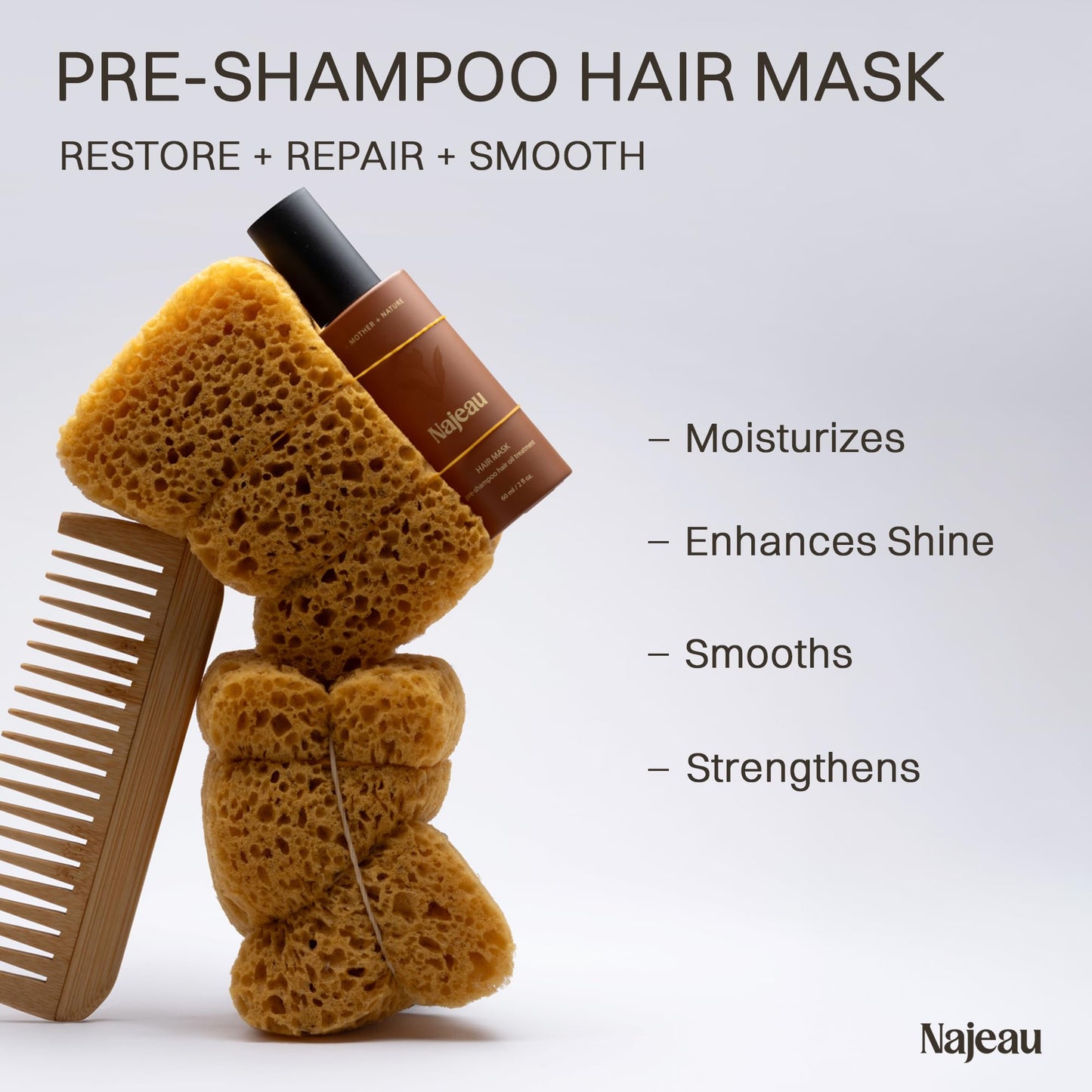 NAJEAU Pre-Shampoo Hair Mask Oil Treatment for All Hair Types with Manuka Honey, Argan, Aloe Vera - Moisturizing, Prevents Breakage & Split Ends, Enhances Shine - Paraben Free, No Synthetic Fragrance