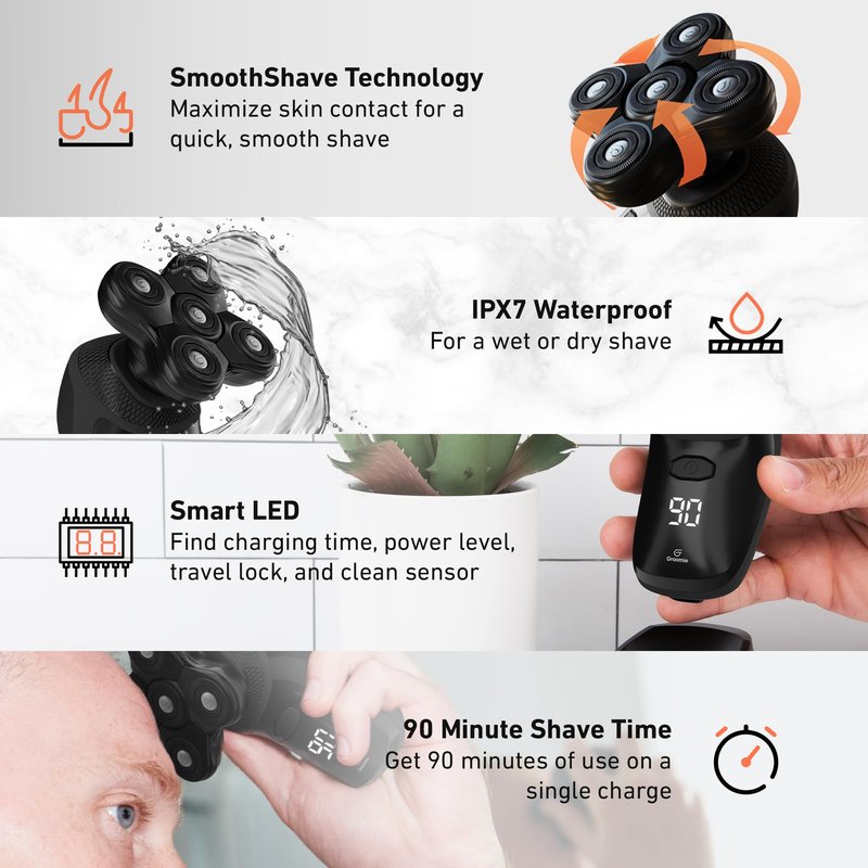 GROOMIE No Hair, Don't Care Bundle - 5D BaldiePro Electric Head Shavers for Bald Men, Natural Pre-Shave Oil to Promote Close Shave, & Natural Aftershave Serum - Mens Head Shaver Kit w/Electric Razor