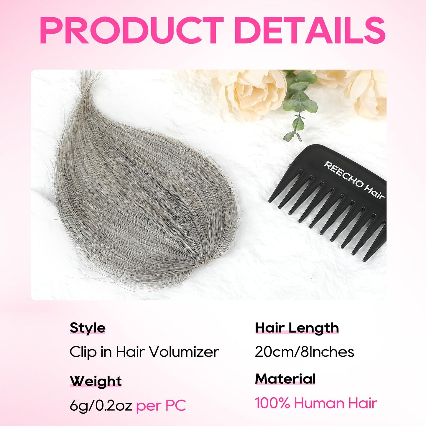 REECHO Human Hair Clip-in Hair Volumizer - Short Thick Hairpieces for Extra Volume, Easy Clip-in Extensions for Thin & Fine Hair Silver Grey 8 Inch(Pack of 1)