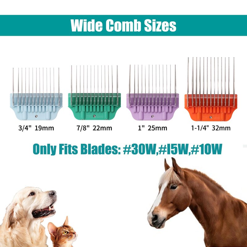 DODAER Dog Animal Stainless Steel Wide Clipper Attachment Guard Comb Set for A5 Series | Snap-On/Off Design Combs,Only Fir for 10W/15W/30W Wide Blade (Large 4-Piece)