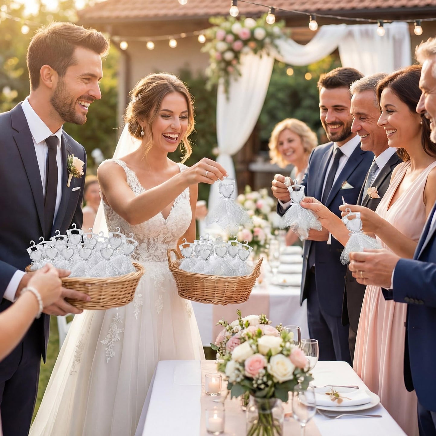 Conelist 150 Pcs/50 Sets Bridal Shower Party Favors Wedding Party Favors for Guests Bulk Bachelorette Heart Shaped Candles in Mini Wedding Dresses Engagement Bridesmaids Gifts with Thank You Card