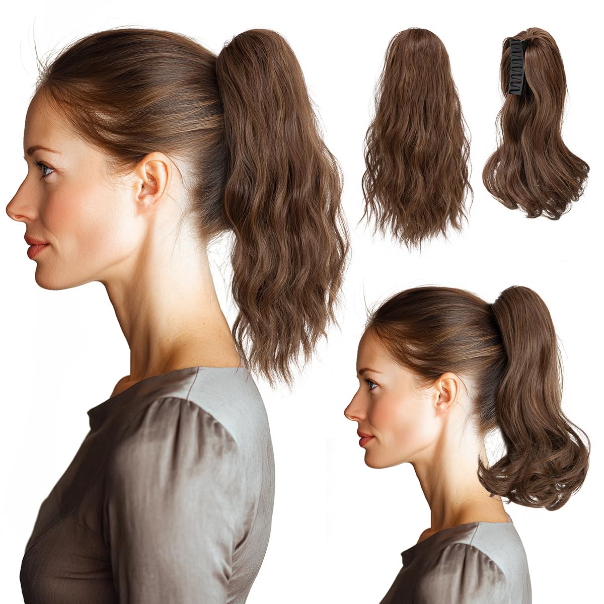 Ponytail Extensions - Wavy Curly Claw Clip Hairpieces for Women | 12" & 14" Beige Multi Set
