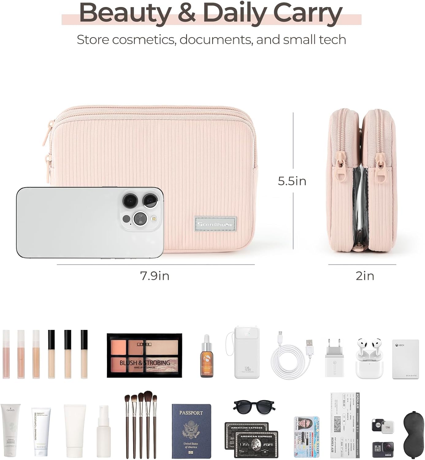 Preppy Makeup Bag - Double Detachable Cosmetic Organizer | Clear Portable Travel Pouch for Beauty & Tech Essentials