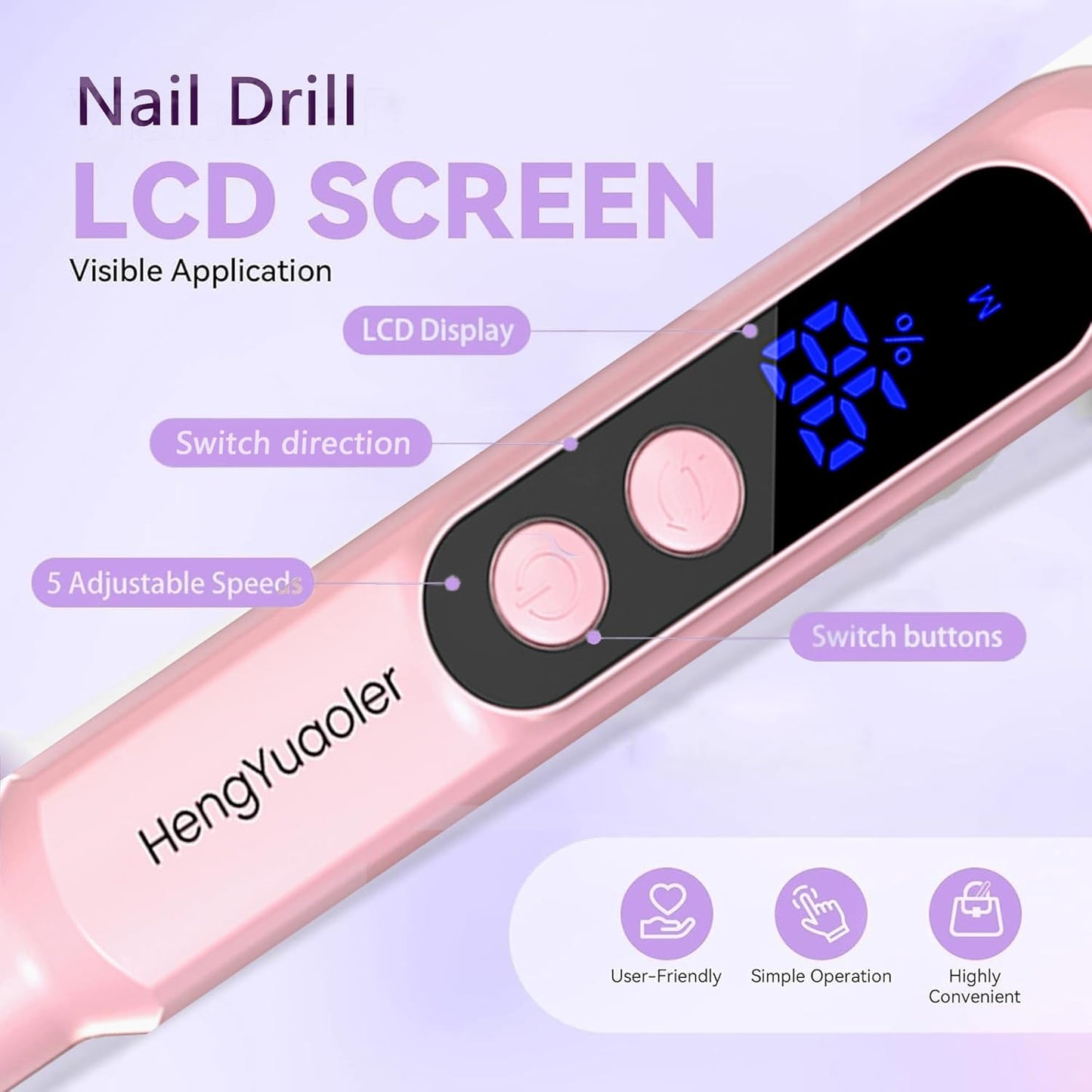 Cordless Electric Nail Drill - Professional 3 Speed Efile Kit for Acrylic & Gel Nails | USB Rechargeable, 20000 RPM, Pink