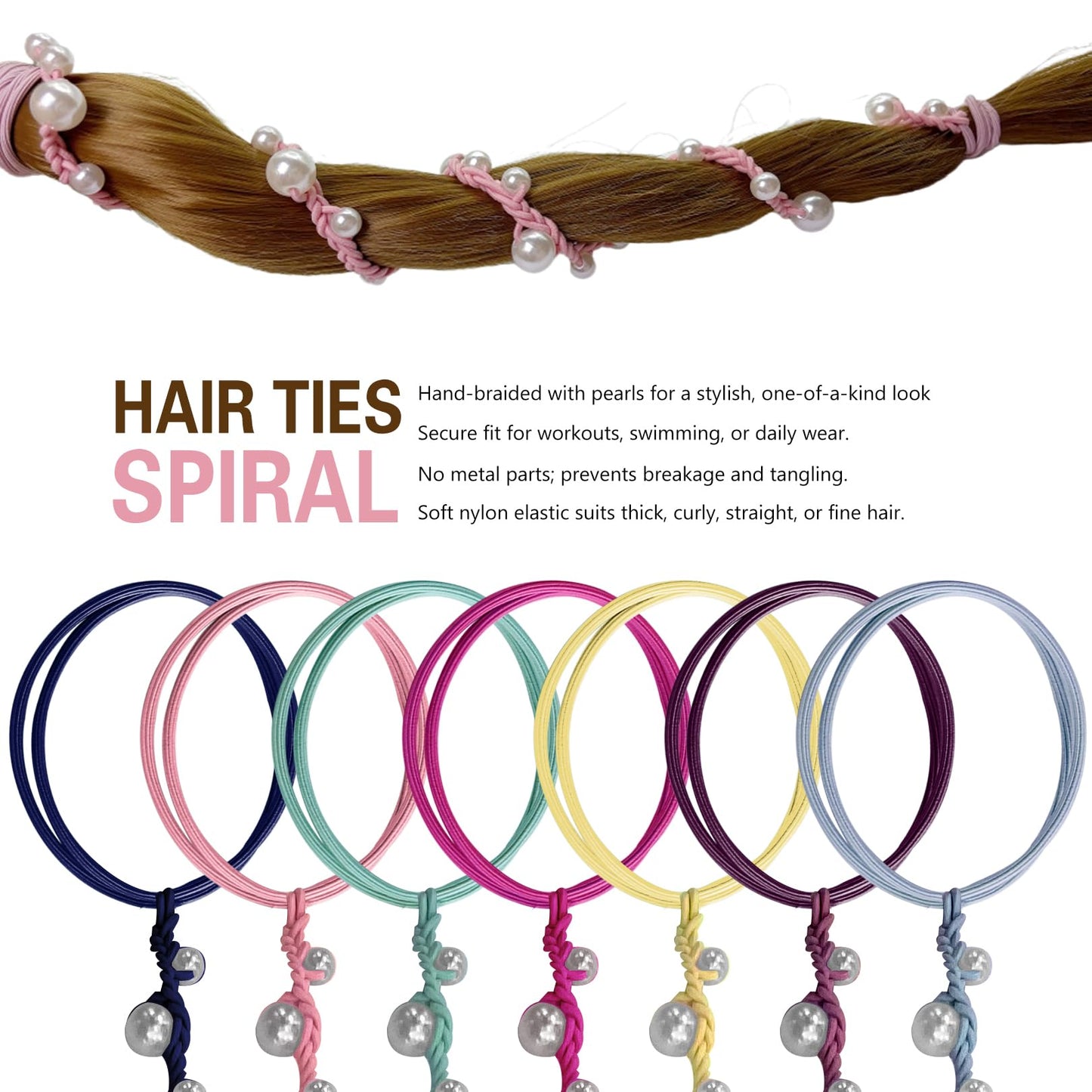 Spiral Hair Ties for Women No Hook, 25" Hand Braided Pearl Ponytail Holders Soft Pony Tail Wrap for Sports,Workouts,Daily Use,Swim,Beach, No-Damage Hair Accessories Hair Accessories (Steel Blue)