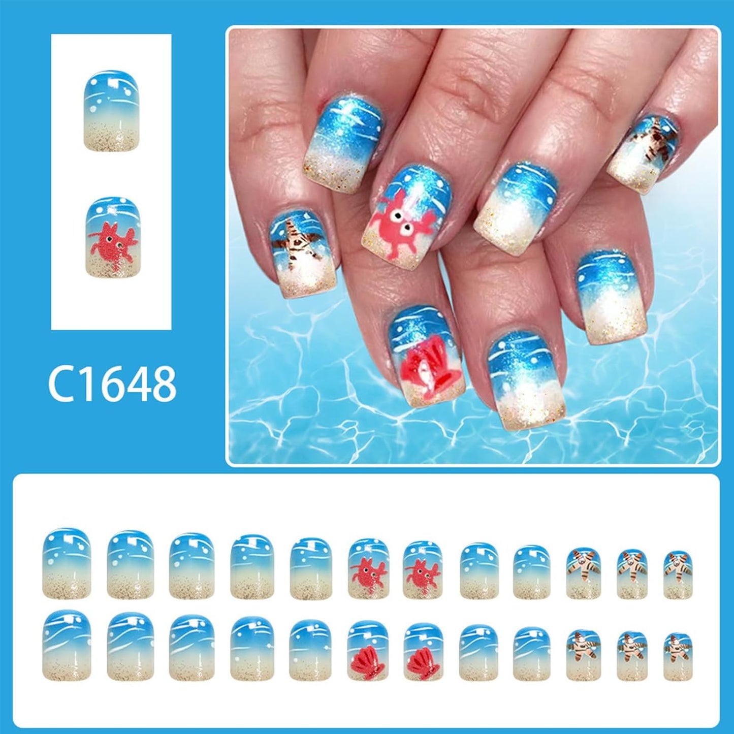 Press On Nails - Short Square Blue Wave Glitter Design | 24 Pcs Glossy Reusable Artificial Nails for Summer