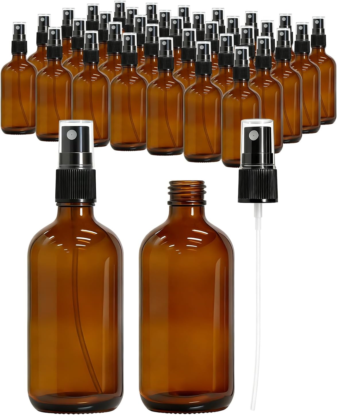 Amber Glass Spray Bottles - 35 Pack 4oz Fine Mist Refillable Containers for Essential Oils, Hair, Travel, Cleaning | Mini Size