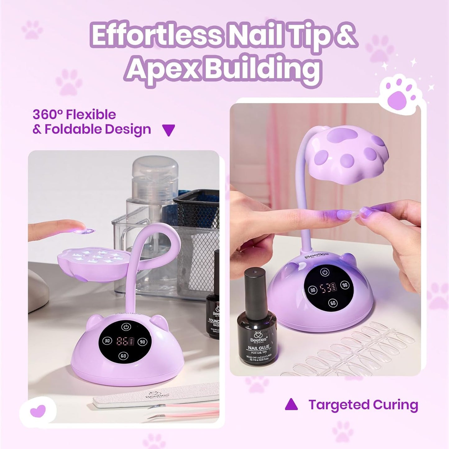 Beetles Gooseneck UV Nail Lamp - Mini LED Nail Light with 3 Timers & Smart Sensor | Cordless GrapePurr Design